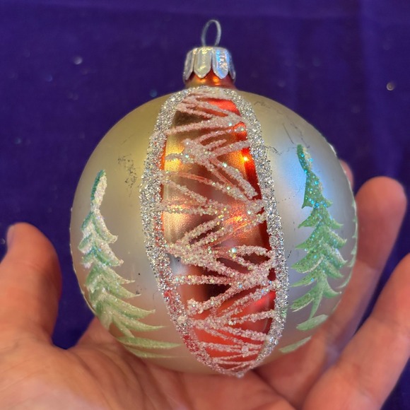 Vintage Other - Vintage Mid-Century Hand Painted Pine Trees Glitter Glass Christmas Ornament